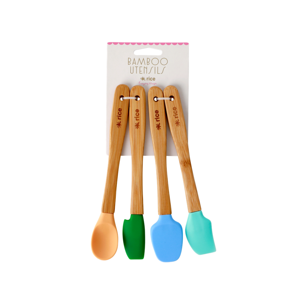 Set of 4 Bamboo & Silicone Colourful Kitchen Utensils Rice DK